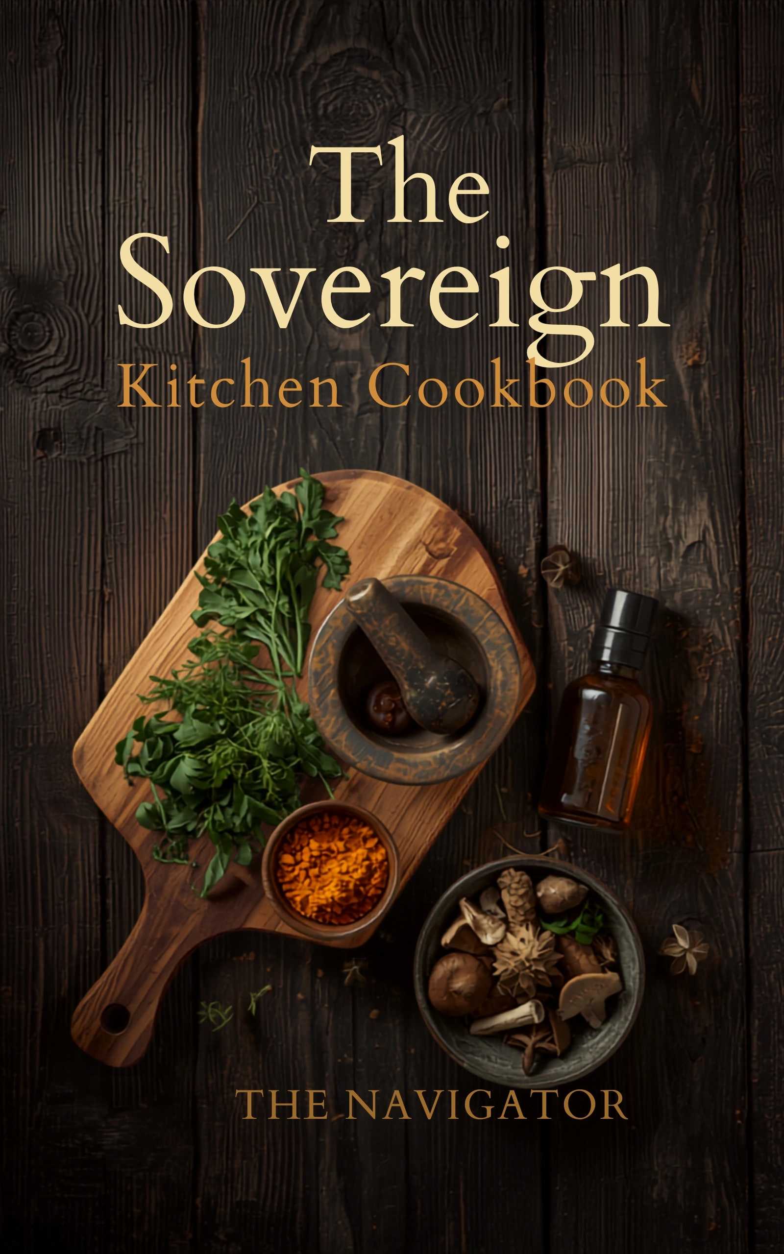 The Sovereign Kitchen Cookbook. Dark cover with title typography