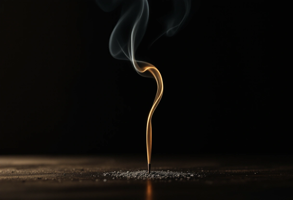 A delicate ribbon of incense smoke curling upward in warm gold light against deep shadow.