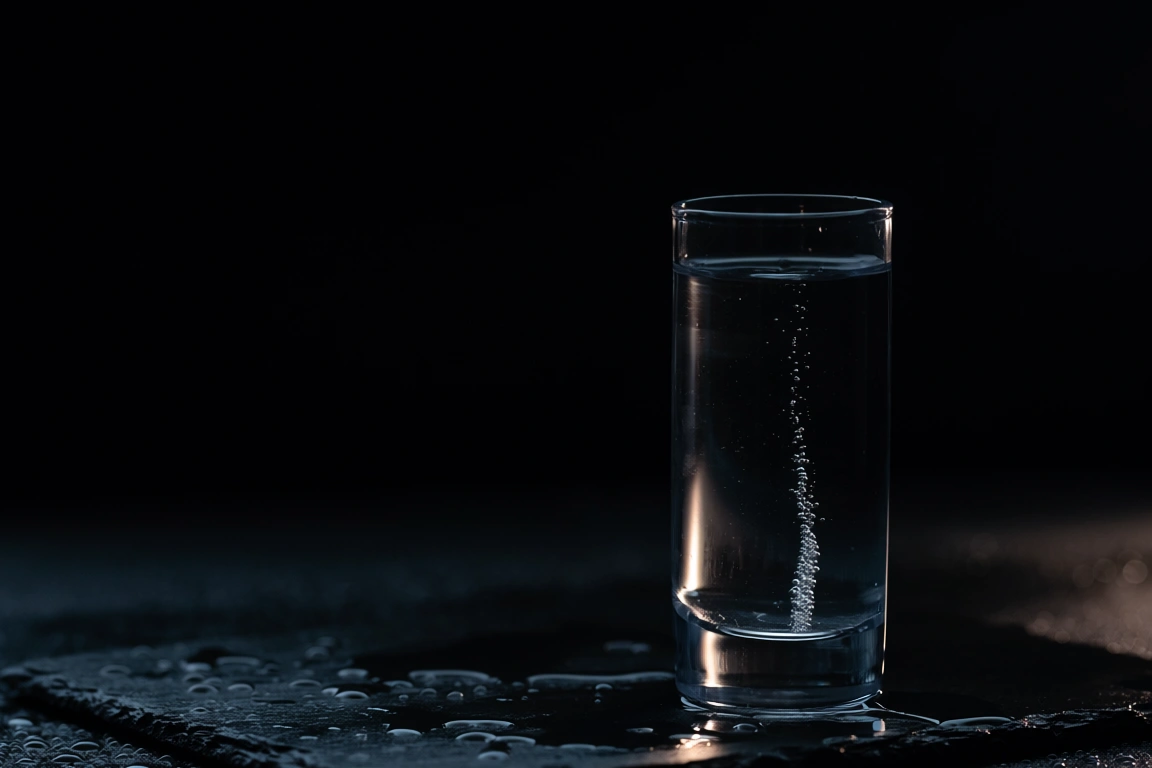 A single glass of water on dark stone with one slow stream of small bubbles rising through it, lit from one side against a black background.