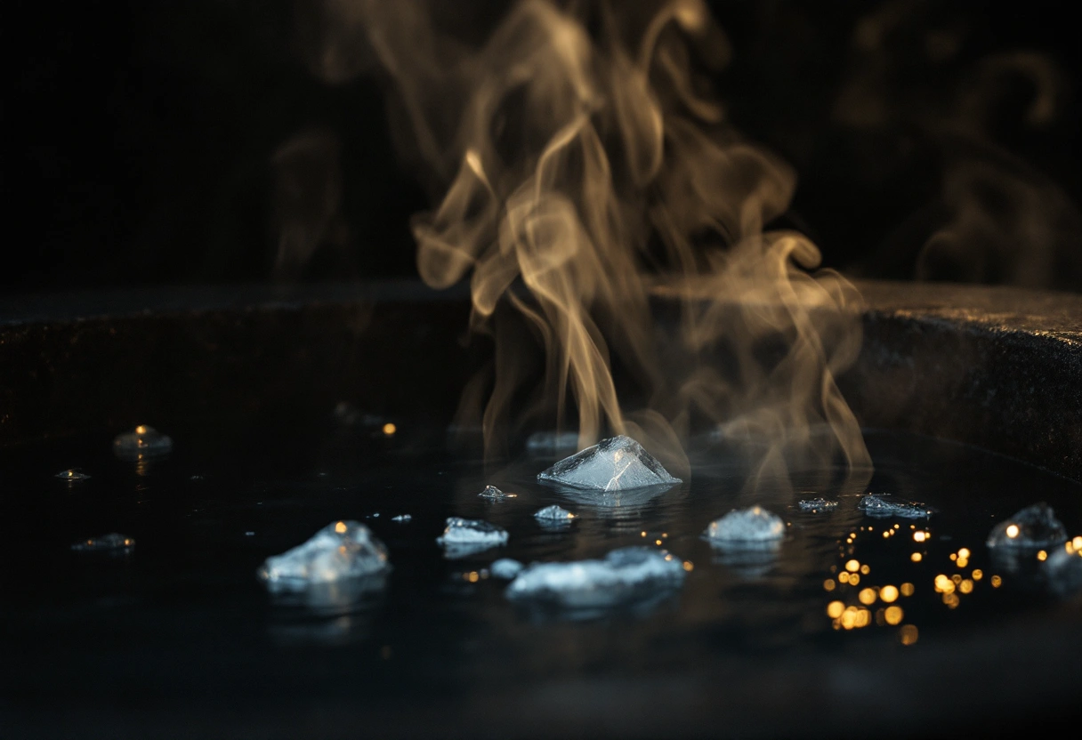 Steam rising off dark cold water with a few shards of ice, lit by warm gold rim light.