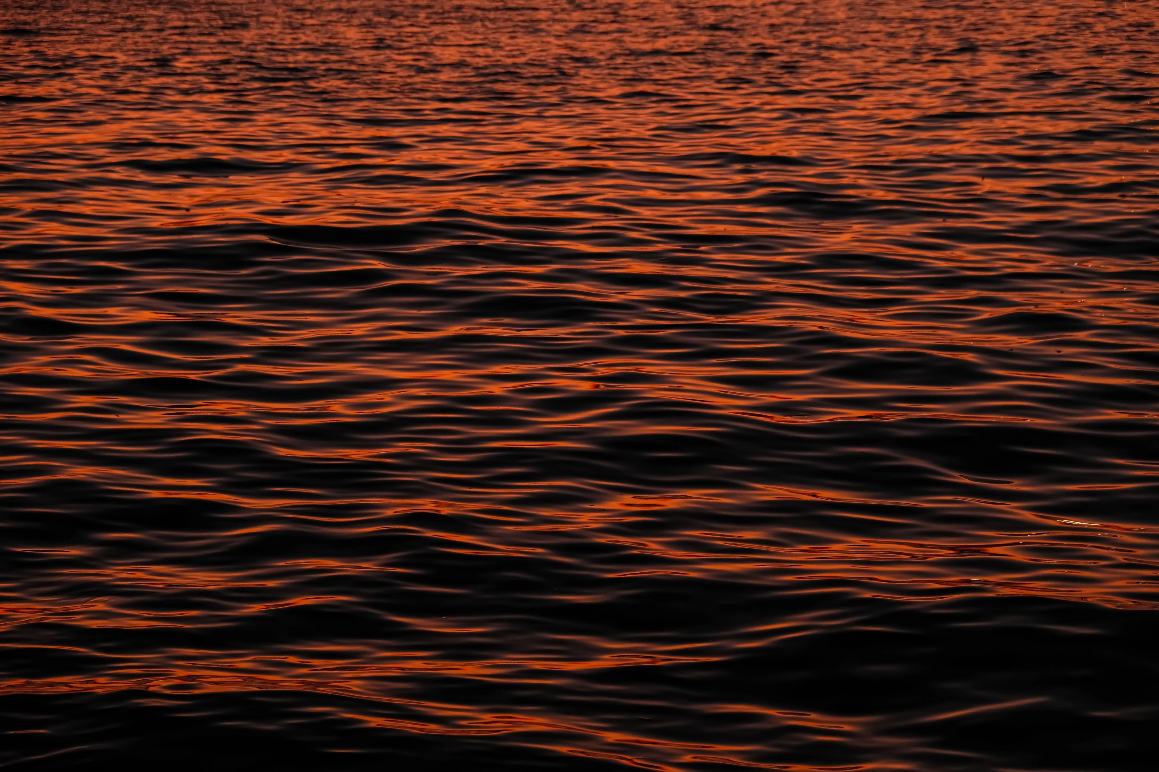 First light glowing orange across dark, still water at dawn.