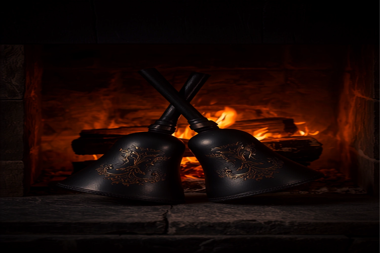 A pair of dark leather bellows resting beside glowing embers on a stone hearth, warm gold light catching the folds.