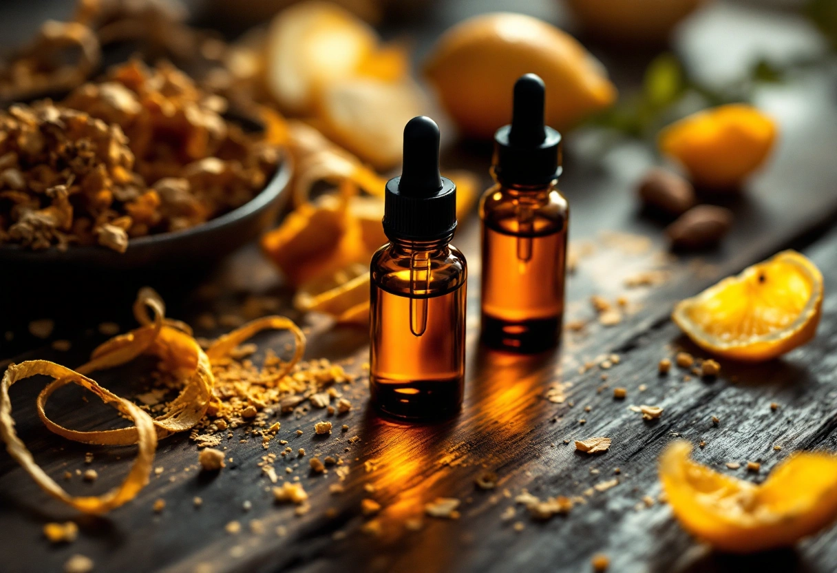 Small amber dropper bottles among dried botanicals and citrus peel on a dark apothecary table in warm light.