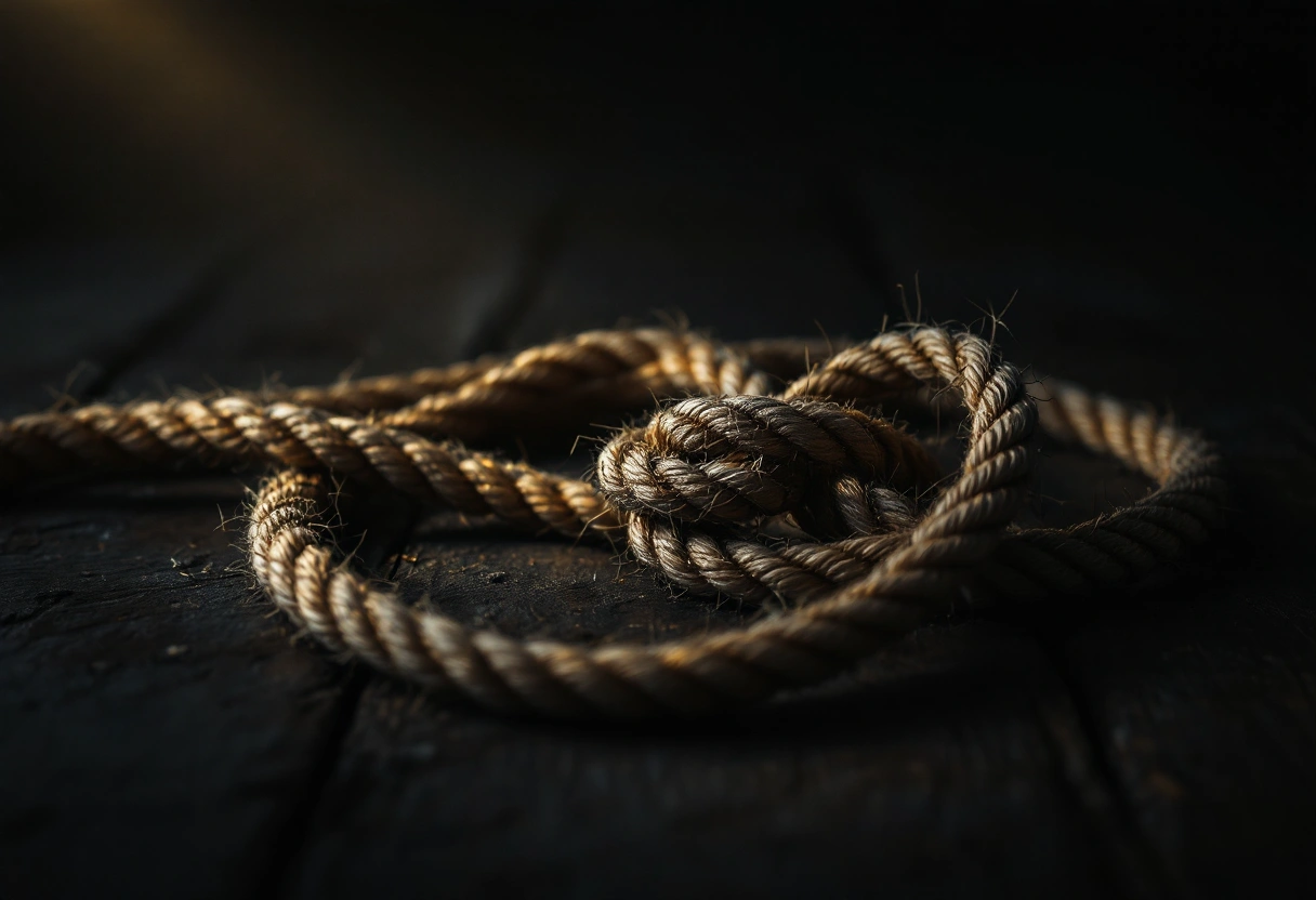 A taut coiled rope on dark weathered wood under a shaft of warm gold light.