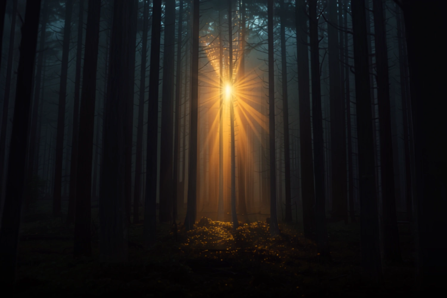 Mist moving between dark pine trunks at dawn, a single shaft of warm gold light falling across deep forest floor.