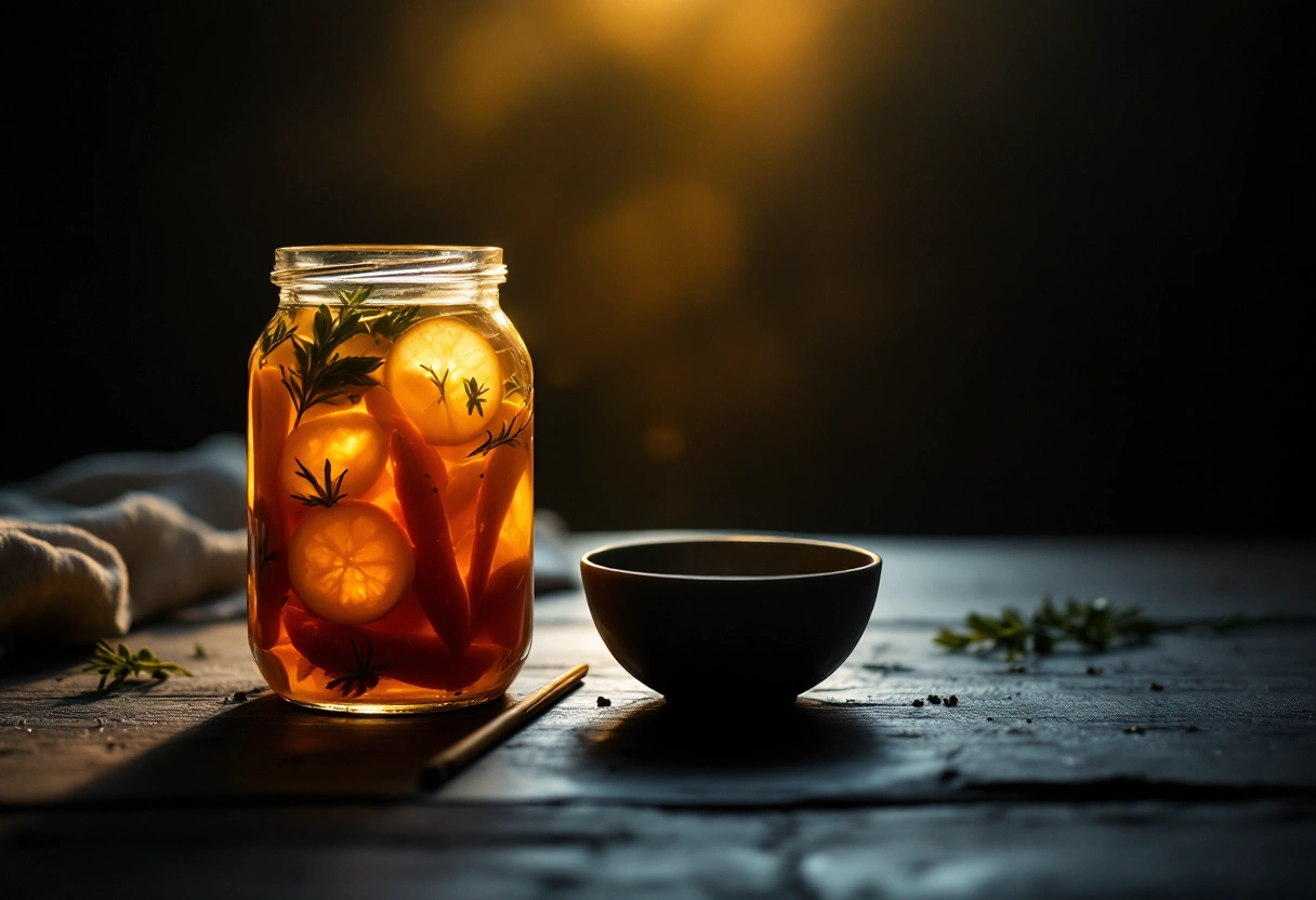 A dark still life of a jar of fermented vegetables and a ceramic bowl on dark wood with a faint golden glow.