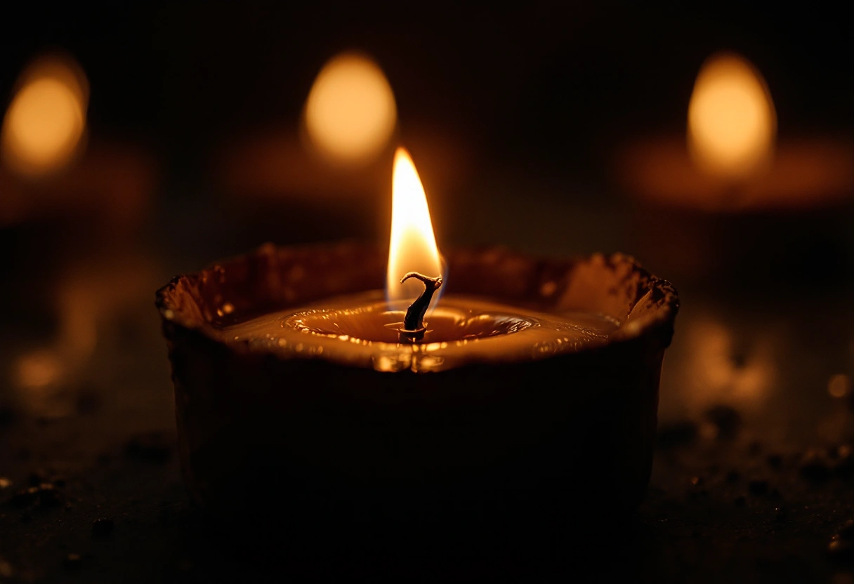 A candle burned low with pooled wax, guttering in near-darkness under warm gold light.
