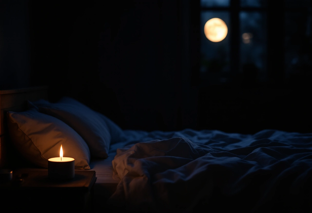 A dark, serene bedroom at night with soft linen bedding and a single candle glowing on a nightstand.