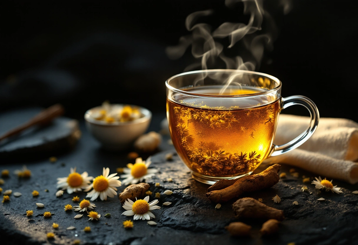 A glass cup of golden herbal tea with chamomile and adaptogenic roots on dark stone, soft steam rising.