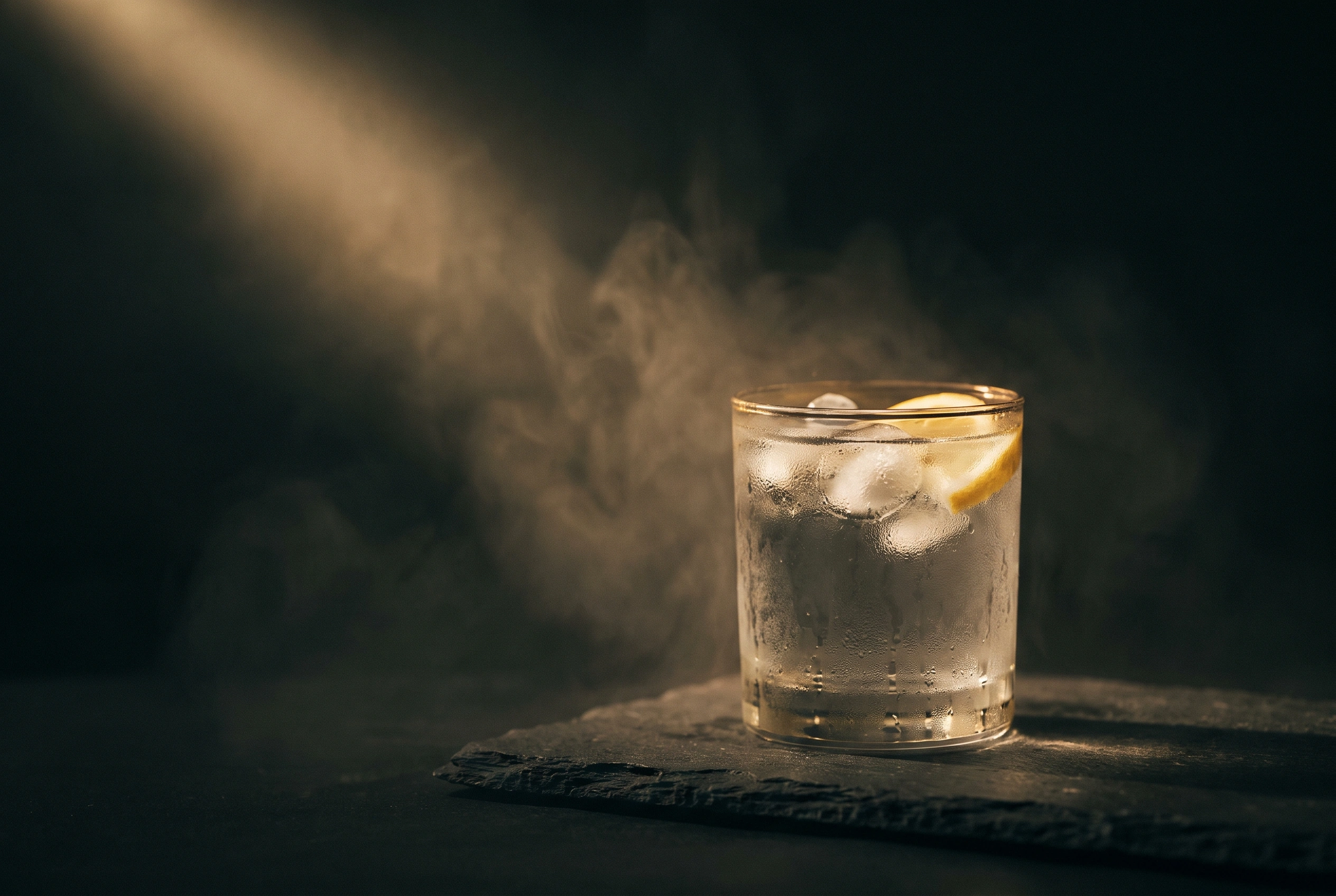 A single glass of ice water beaded with condensation on dark slate, one low shaft of warm light cutting through near-total darkness.