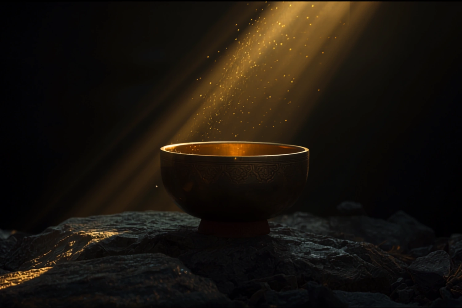 A single brass singing bowl resting on dark stone, lit by a narrow shaft of warm gold light against a deep obsidian background.