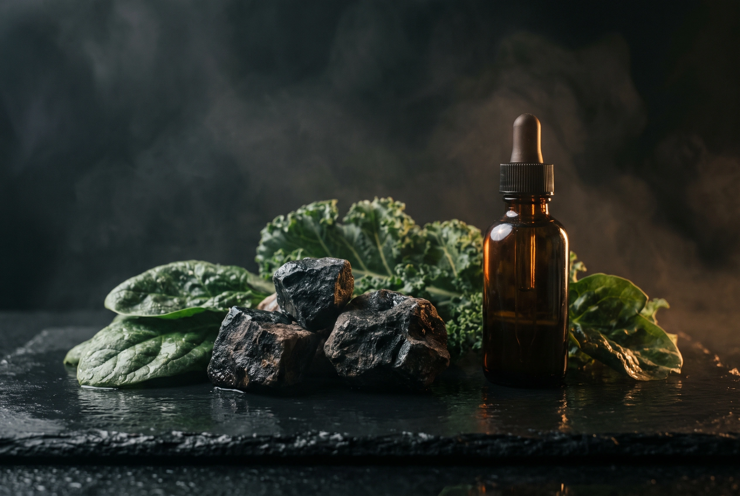 A cluster of raw dark mineral stone and fresh deep-green leaves beside an amber glass dropper bottle, lit low and moody on wet black slate.