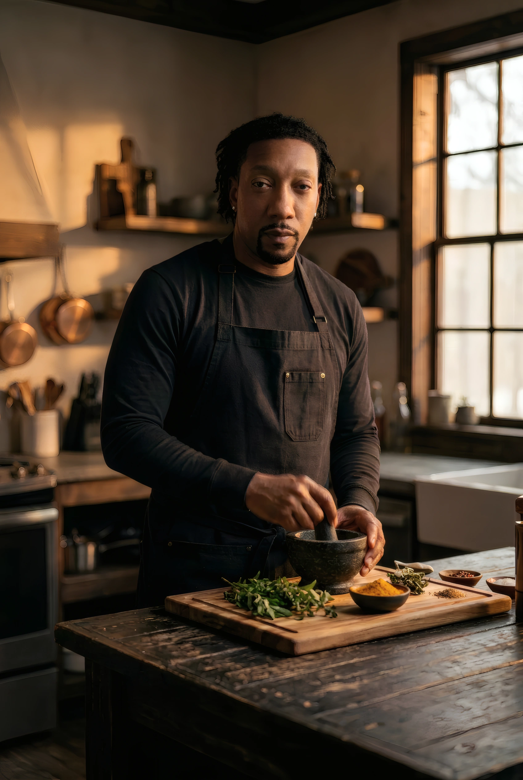 The Navigator grinds botanicals with a mortar and pestle in a rustic kitchen, fresh herbs and turmeric on the cutting board.
