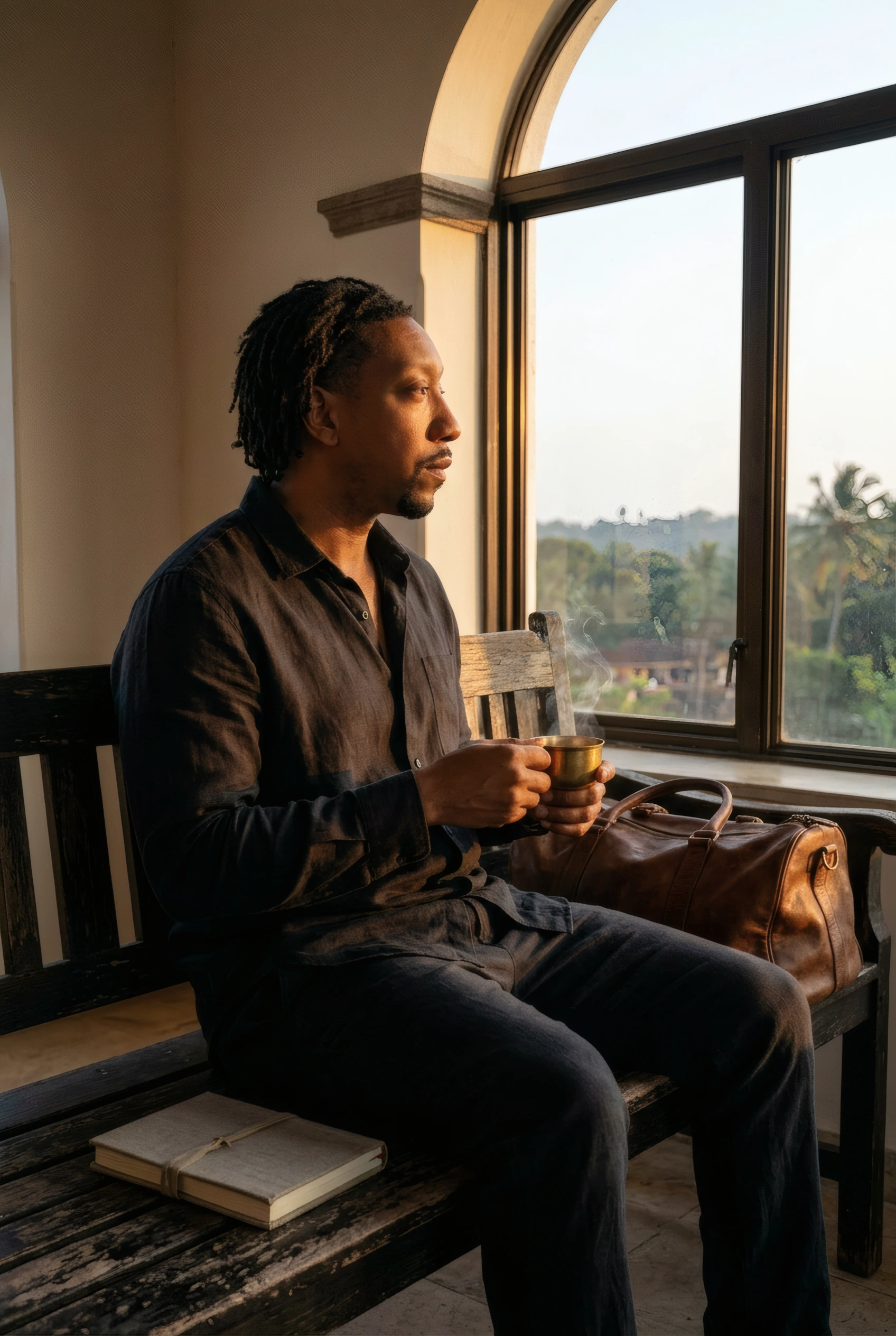 The Navigator sits on a weathered wooden bench at sunrise holding a brass mug of steaming coffee, a leather duffle and journal beside him, palm trees framed through an arched window. Arrival, contemplation, the first ninety minutes of the day.