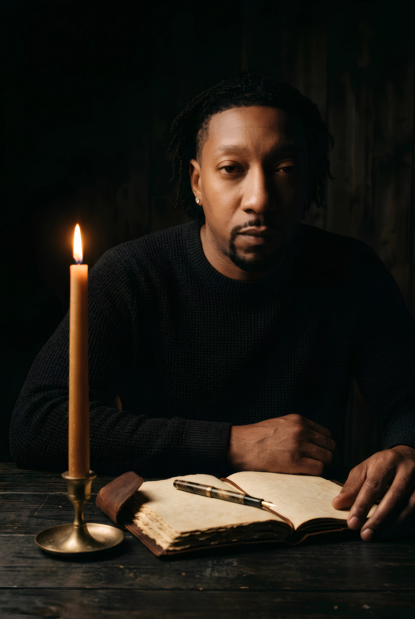 The Navigator sits by candlelight with an open leather journal and fountain pen in deep shadow. Shadow work and reflection.