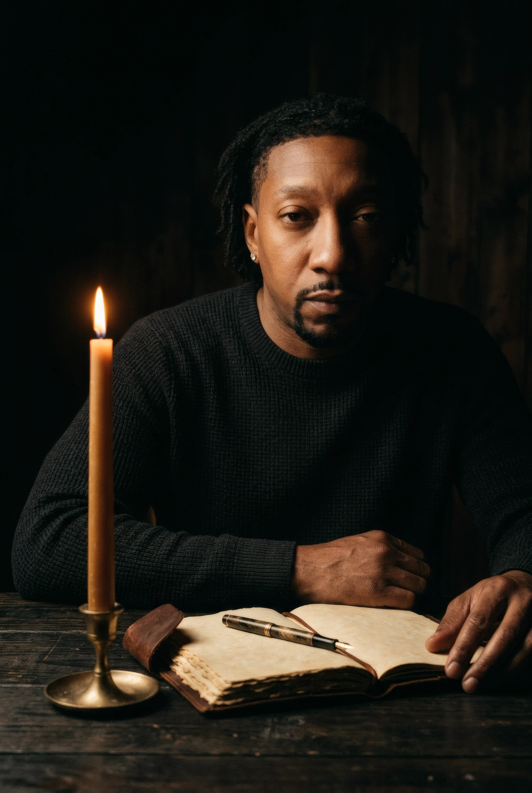 The Navigator sits in near-darkness at a weathered wood table with an open leather journal and fountain pen beside a lit candle, the somatic completion of arrested autonomic cycles begins in stillness.