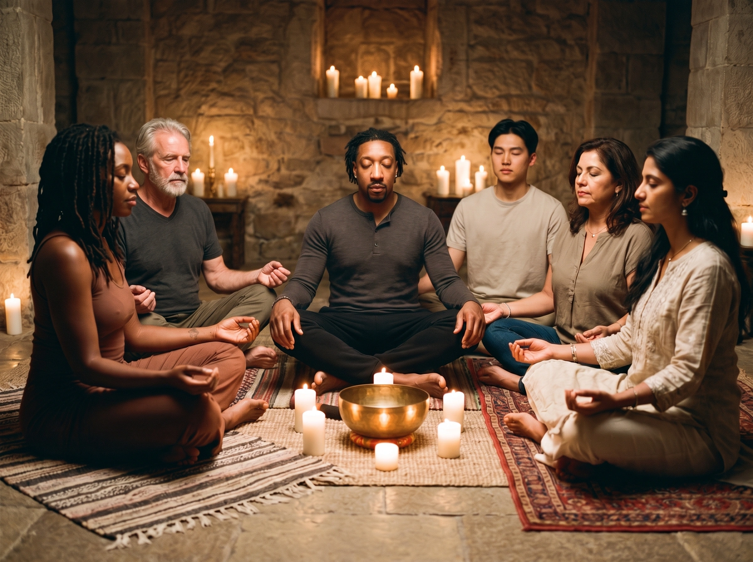 A diverse group of six adults. Different races, ages, and genders. Seated in a candlelit meditation circle around a glowing brass singing bowl, eyes closed, hands resting on their knees. Co-regulation as a shared practice, open to everyone.