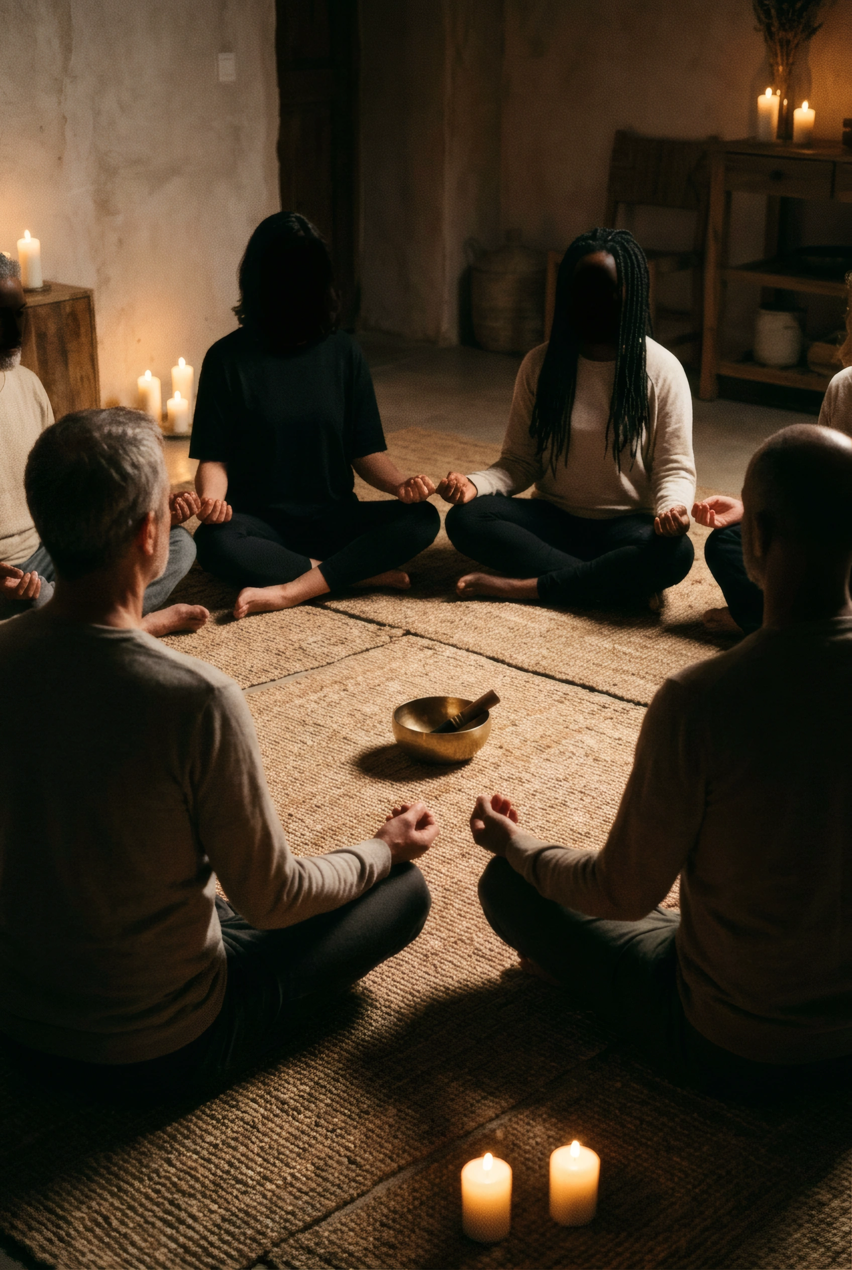 Cinematic wide shot of a small group of adults seated in a candlelit circle on woven rugs, backs to camera, hands relaxed on knees. Co-regulation as a collective practice.