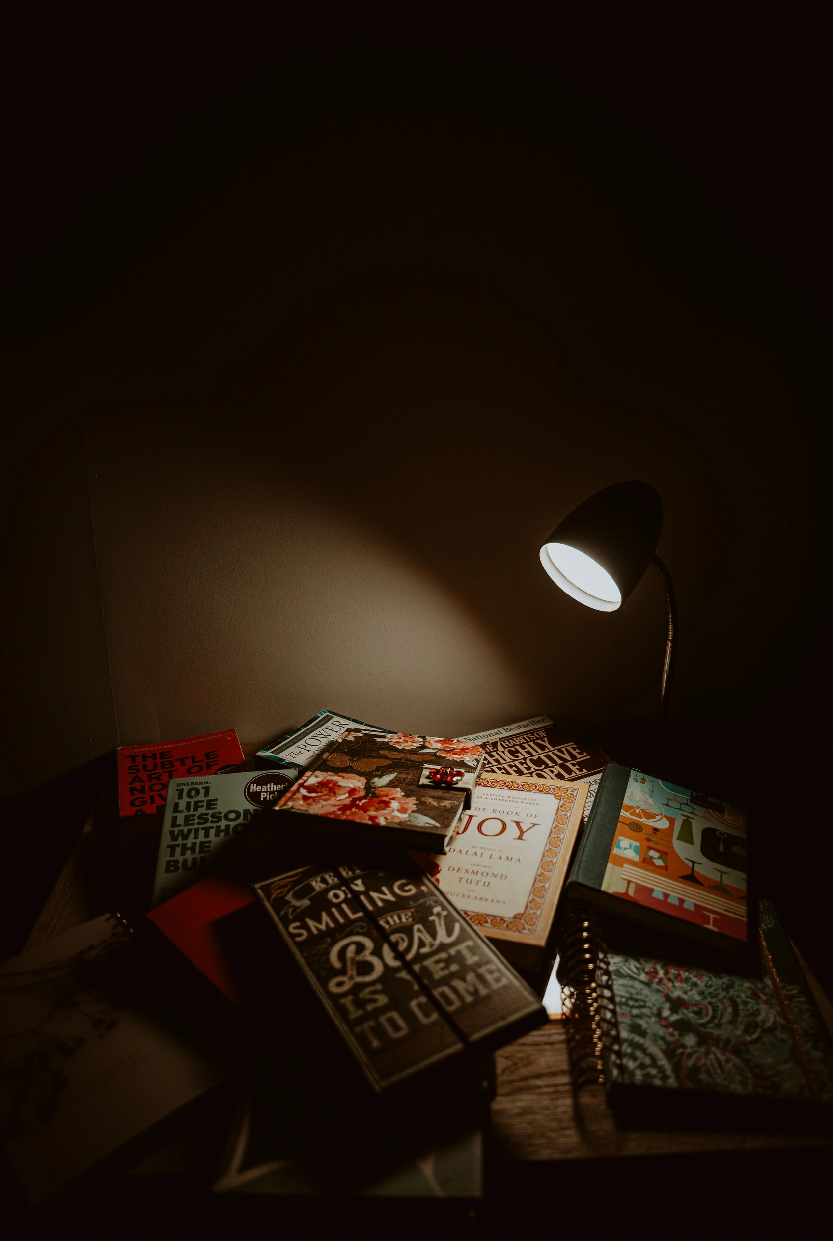 A desk lamp lighting a pile of old books in a dark study.