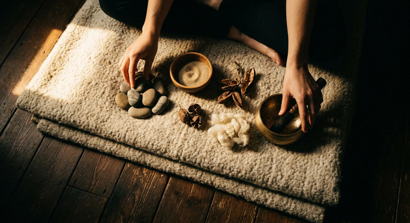 Overhead view of hands arranging sensory grounding tools on a warm rust wool blanket: river stones, brass singing bowl, wooden bowl of powder, dried lotus pods, raw wool tuft.