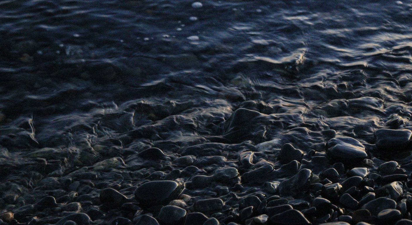Smooth dark pebbles along a dim shore.