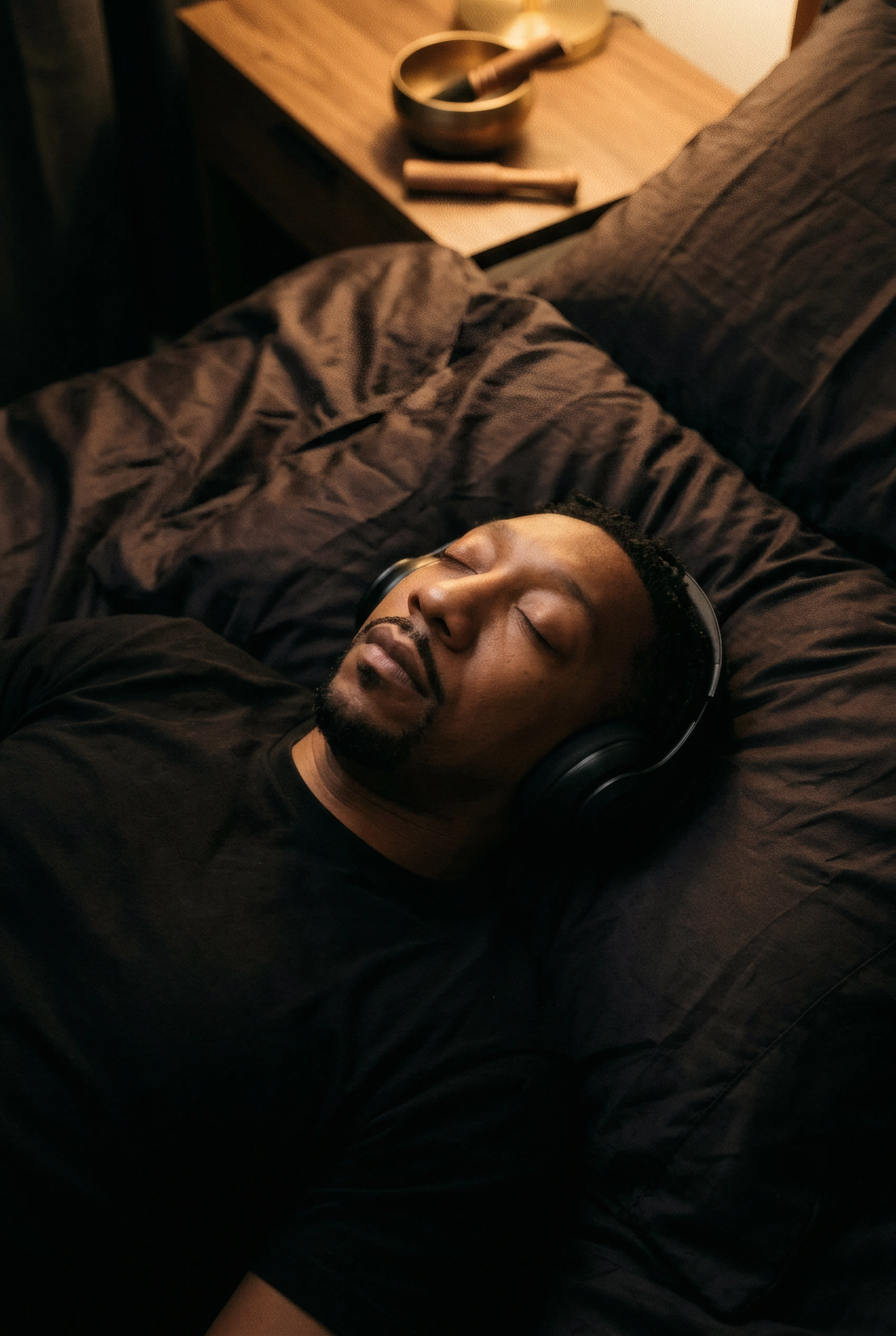The Navigator rests in bed wearing black over-ear headphones, a brass singing bowl on the nightstand. Sound entering the brainstem faster than any other sensory modality.