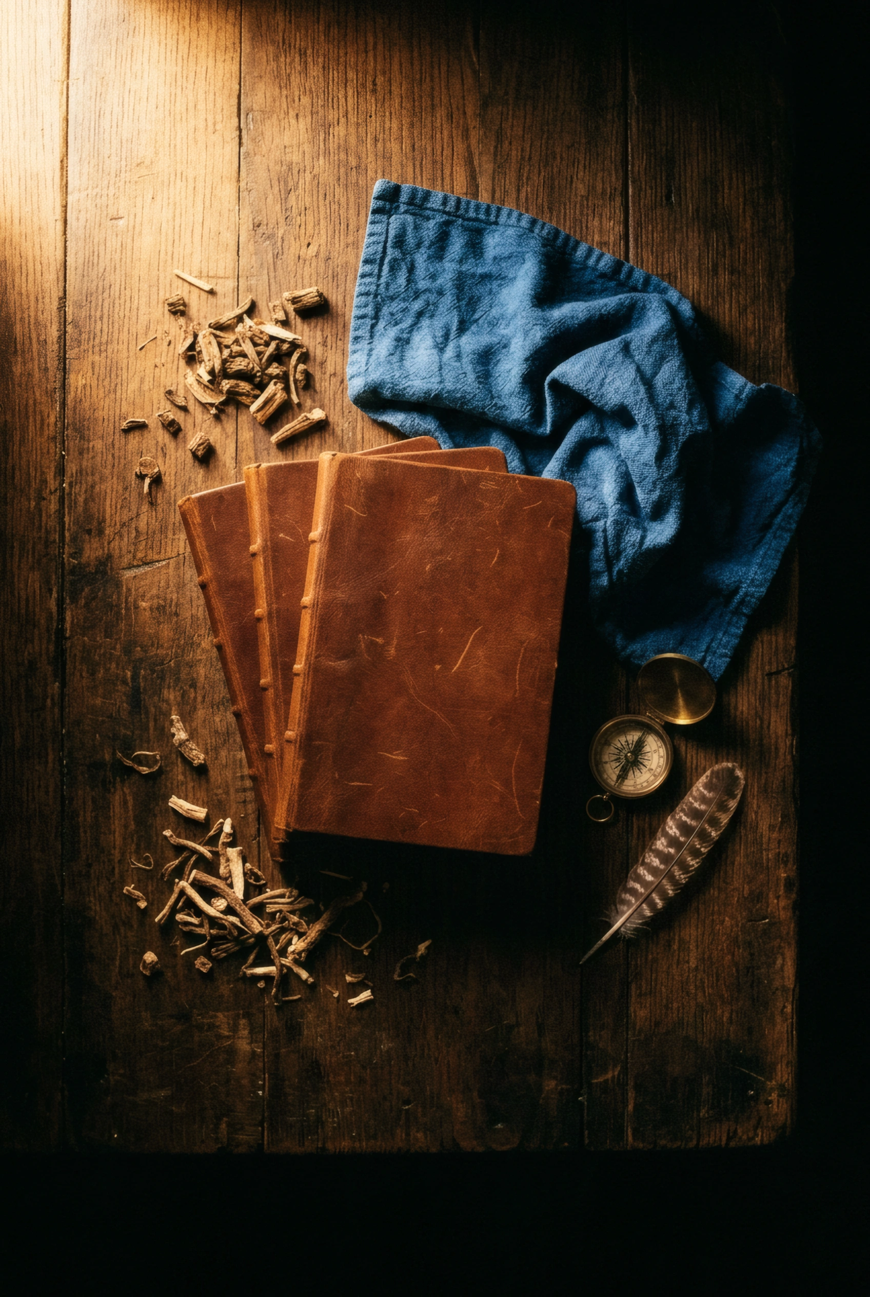 Overhead still-life on aged dark wood: a stack of weathered leather field manuals, a length of indigo-dyed cloth, dried gentian and dandelion roots, a brass pocket compass, a single feather, the Maroon Quadrilateral rendered as objects.