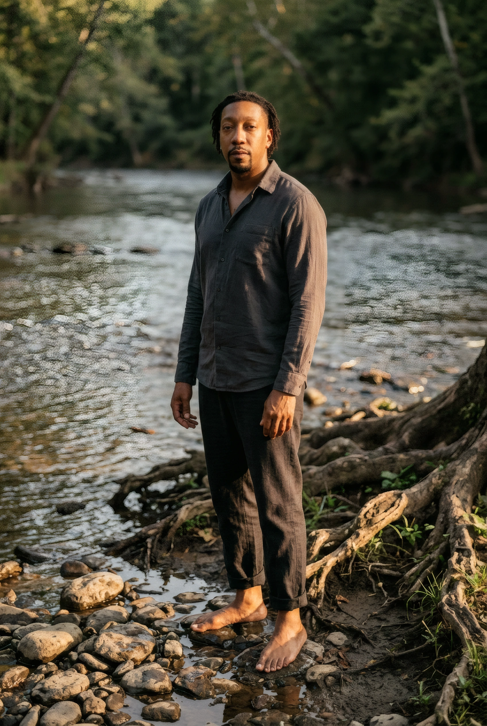 The Navigator stands barefoot on wet river stones beside a summer river and green forest, three-quarter body. Skin-to-earth contact as an electrical event.