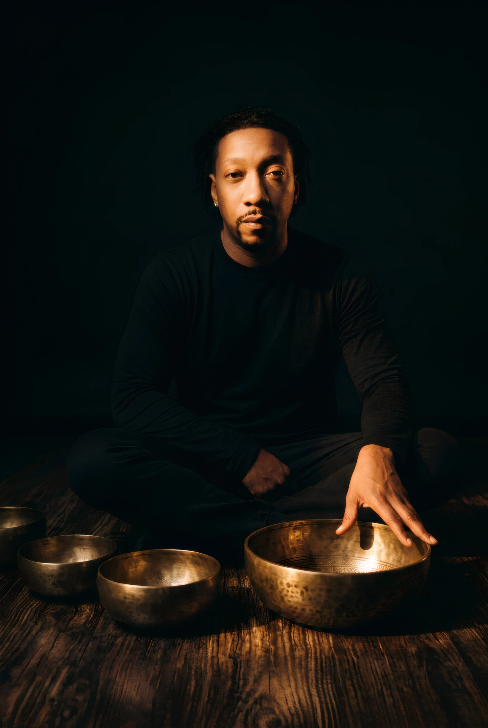 The Navigator sits cross-legged in near-darkness with a row of brass Tibetan singing bowls glowing in warm light.
