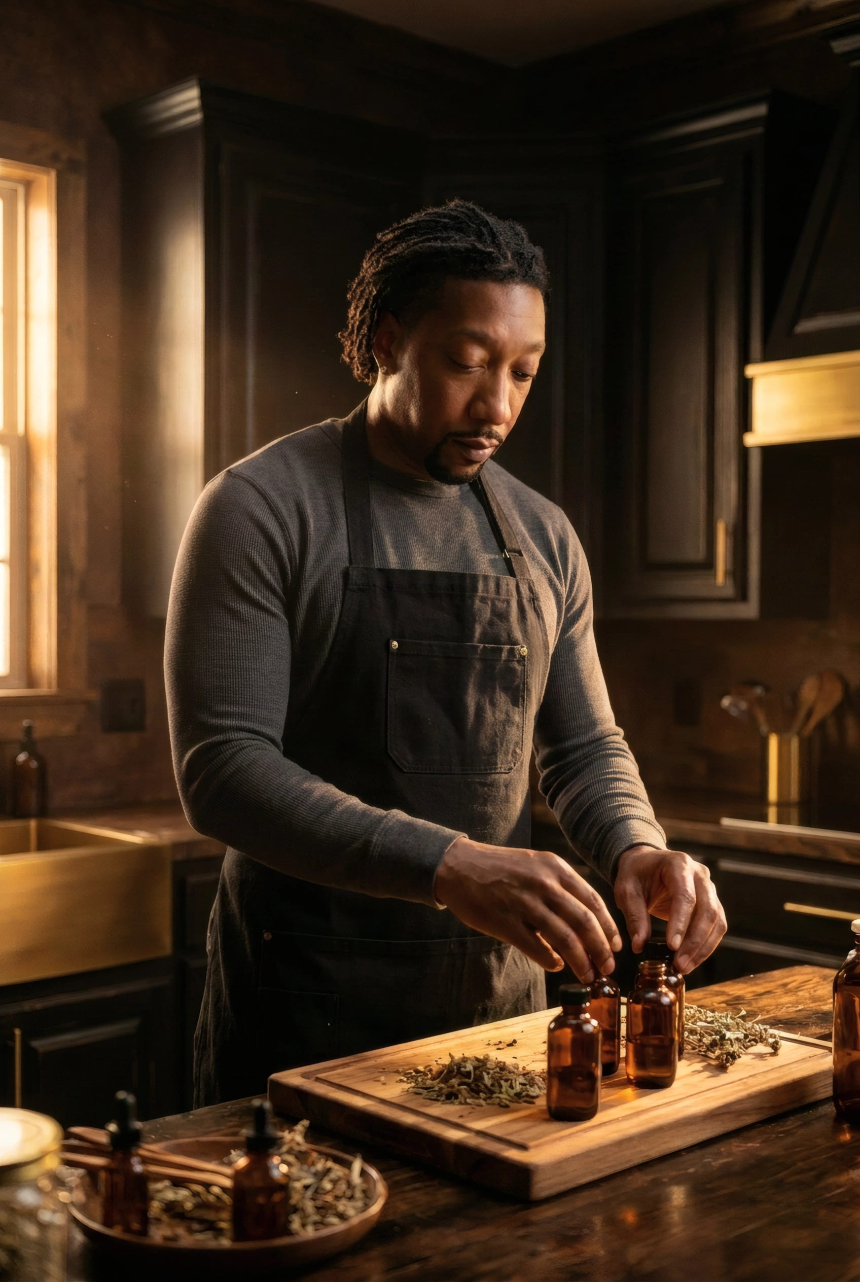 The Navigator in a work apron arranging small amber tincture bottles among dried botanicals on a wooden cutting board in a dark warmly-lit kitchen, the Vagal Bitters production floor.