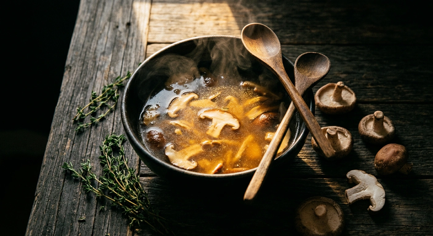 Cinematic overhead view of a dark ceramic bowl of amber mushroom-and-dashi broth with rising steam, thyme, and shiitake on aged dark wood, the T1R1/T1R3 receptor cascade at the table.