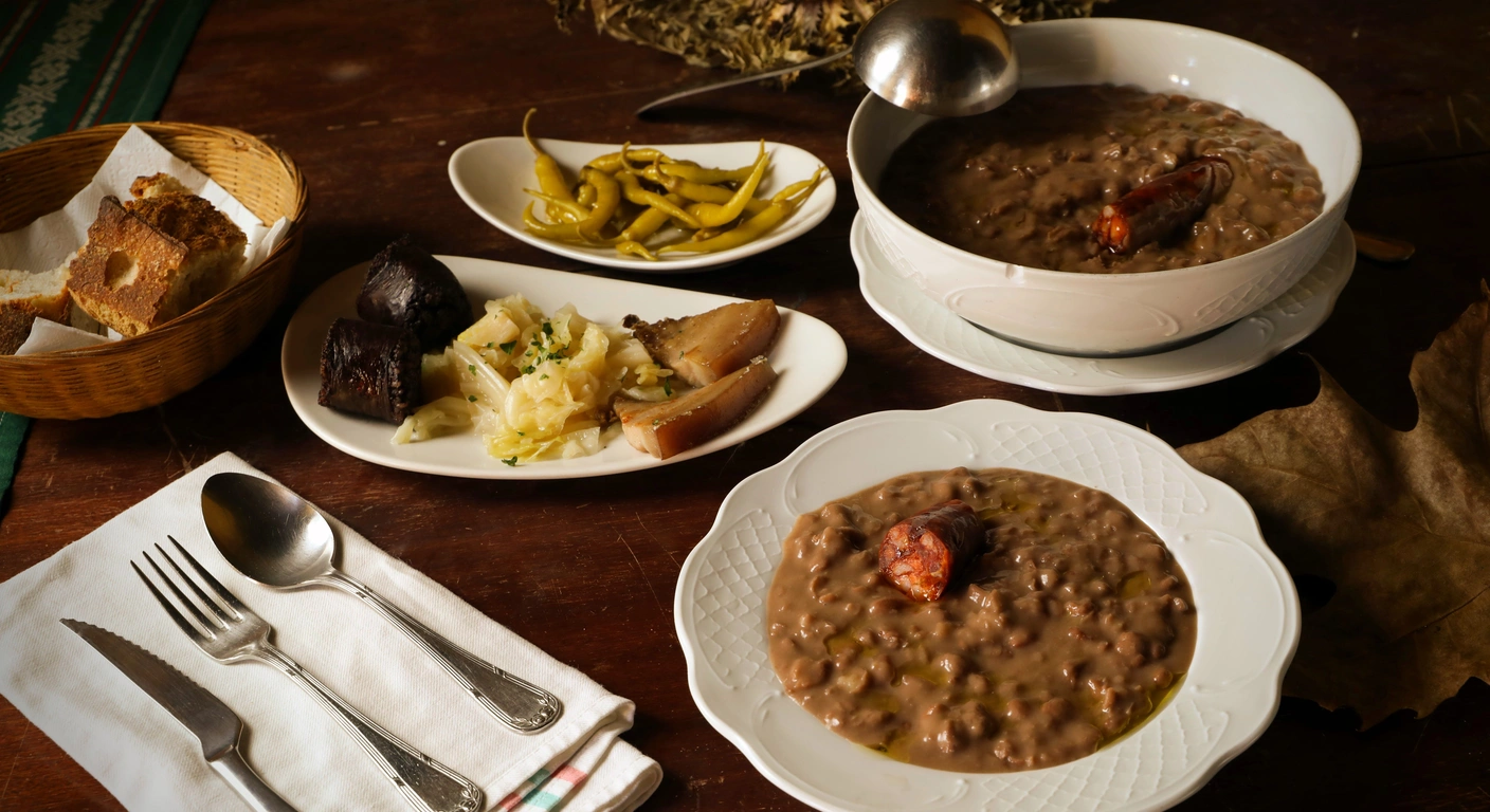Bowls of dark broth and stew on a rustic table.