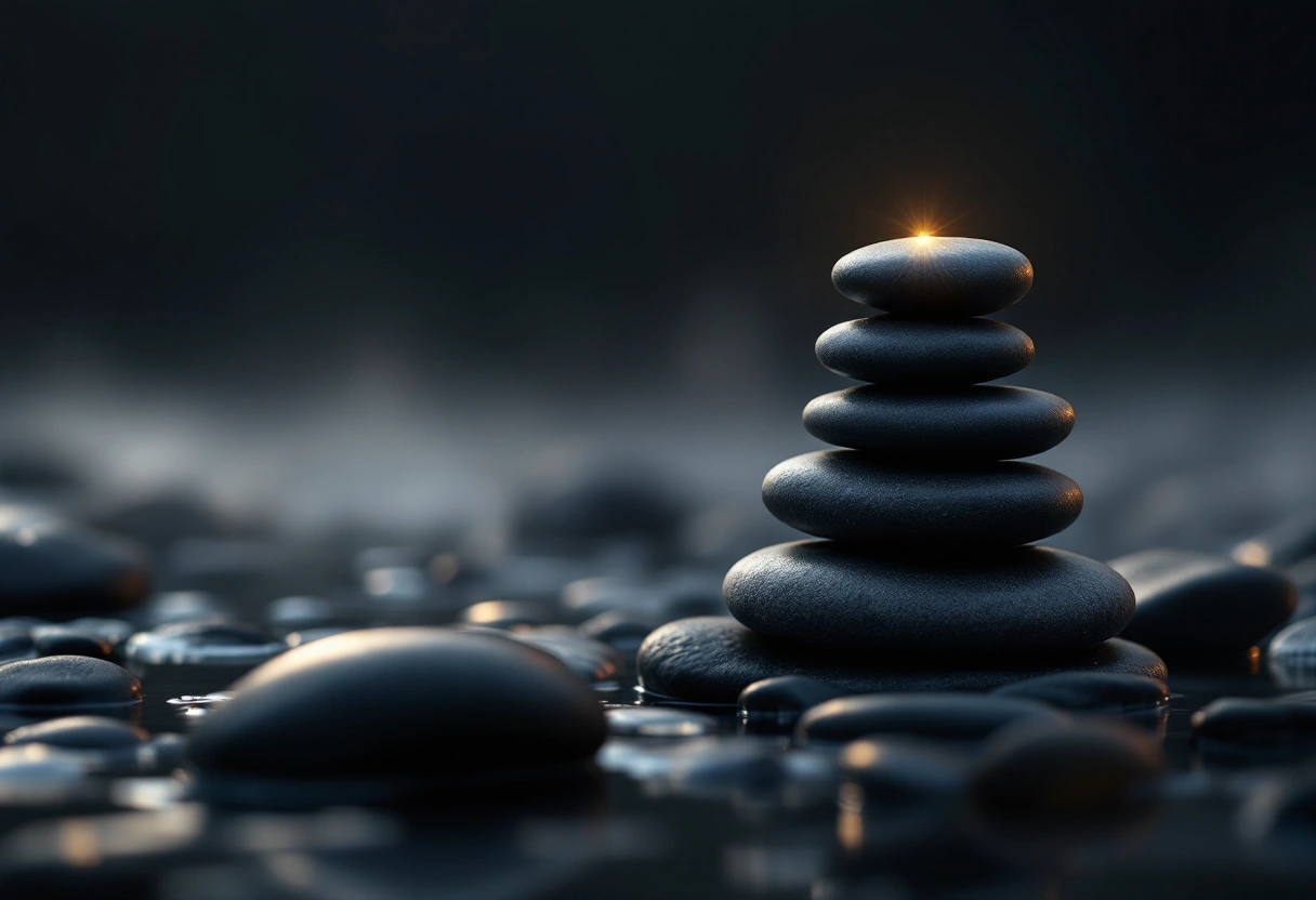 A balanced stack of smooth dark river stones on a misty surface in warm gold light.