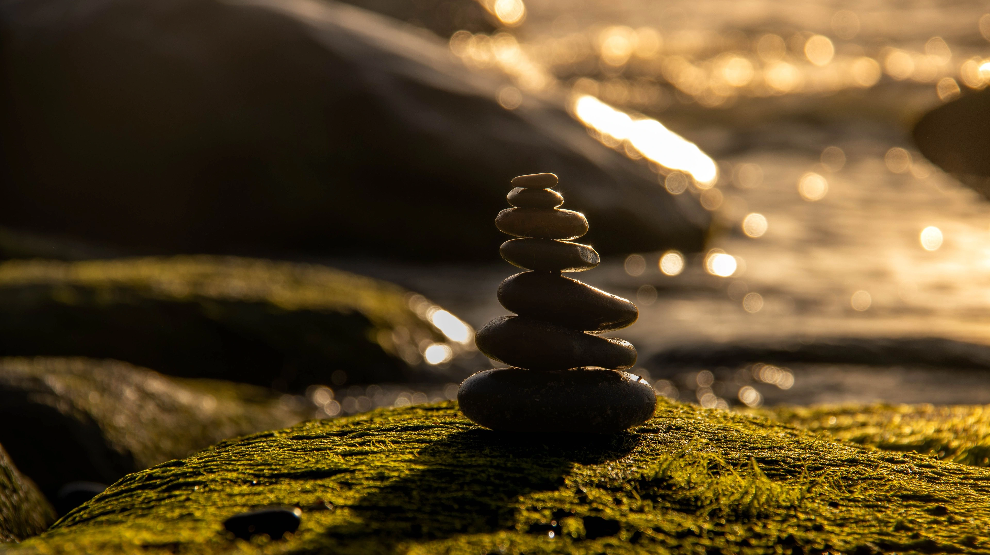 A balanced stack of stones on moss, backlit by warm sunset light.