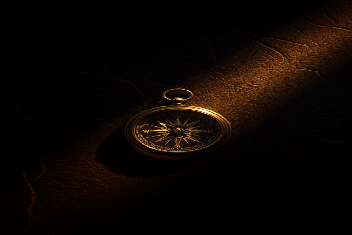 A single antique brass compass rests on dark leather, its needle catching a slant of warm gold light against deep obsidian shadows.
