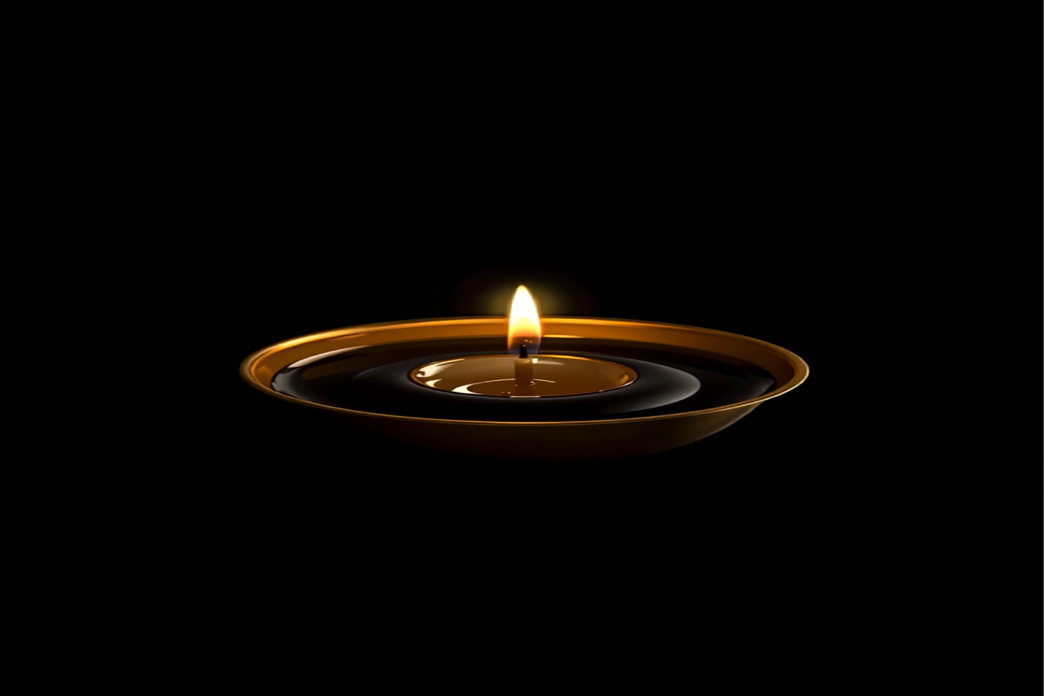 A single lit candle in a shallow brass bowl of dark oil, still and centered against an obsidian background with a warm gold rim glow.
