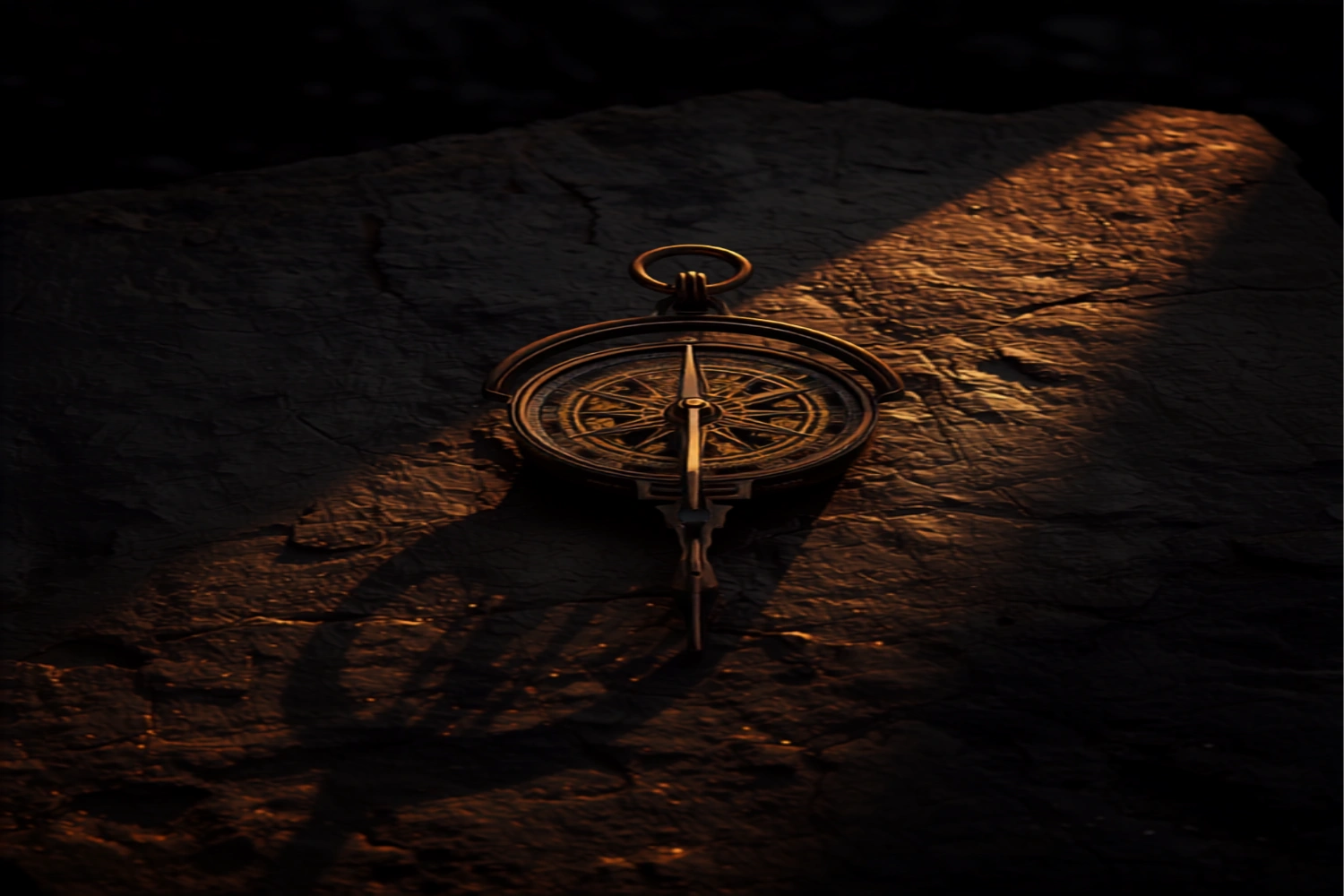 A vintage brass sundial casting a long shadow across dark stone in warm gold light from a setting sun.