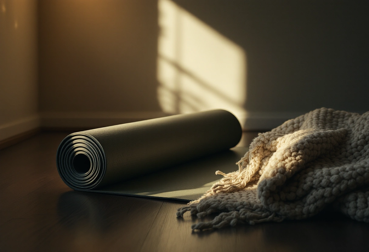 A rolled mat and a folded wool blanket on a dark wood floor in a calm, warmly lit room.