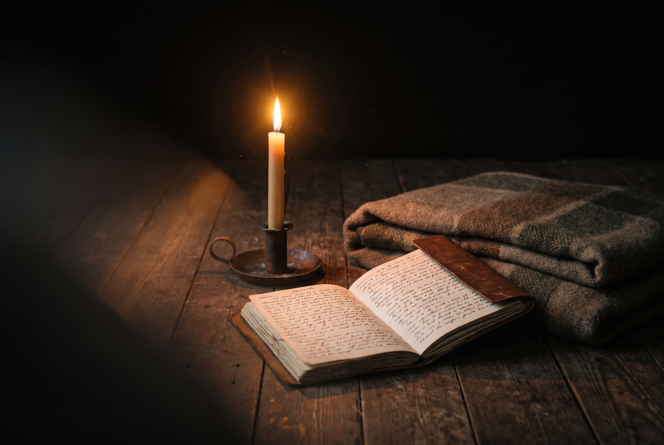 A single lit taper candle beside a weathered leather journal and a folded wool blanket on a dark wooden floor, soft shadow pooling at the edge of the frame.