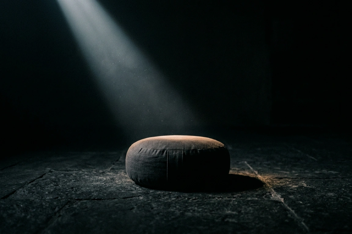 An empty meditation cushion on a dark wooden floor, lit by a single narrow shaft of cold morning light.